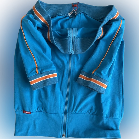 🆕Retro-Style Zip-Up 3/4 Sleeve Shirt | Turquoise | Orange/White Ribbing | Small - Picture 12 of 16
